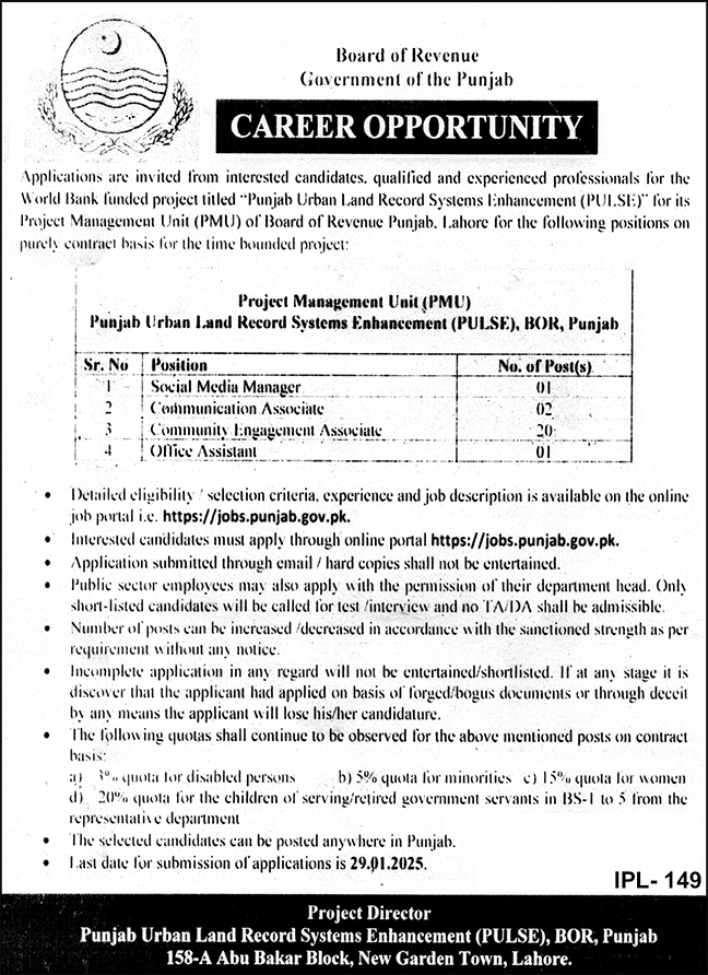 Advertisement of Punjab Board Of Revenue Jobs 2025