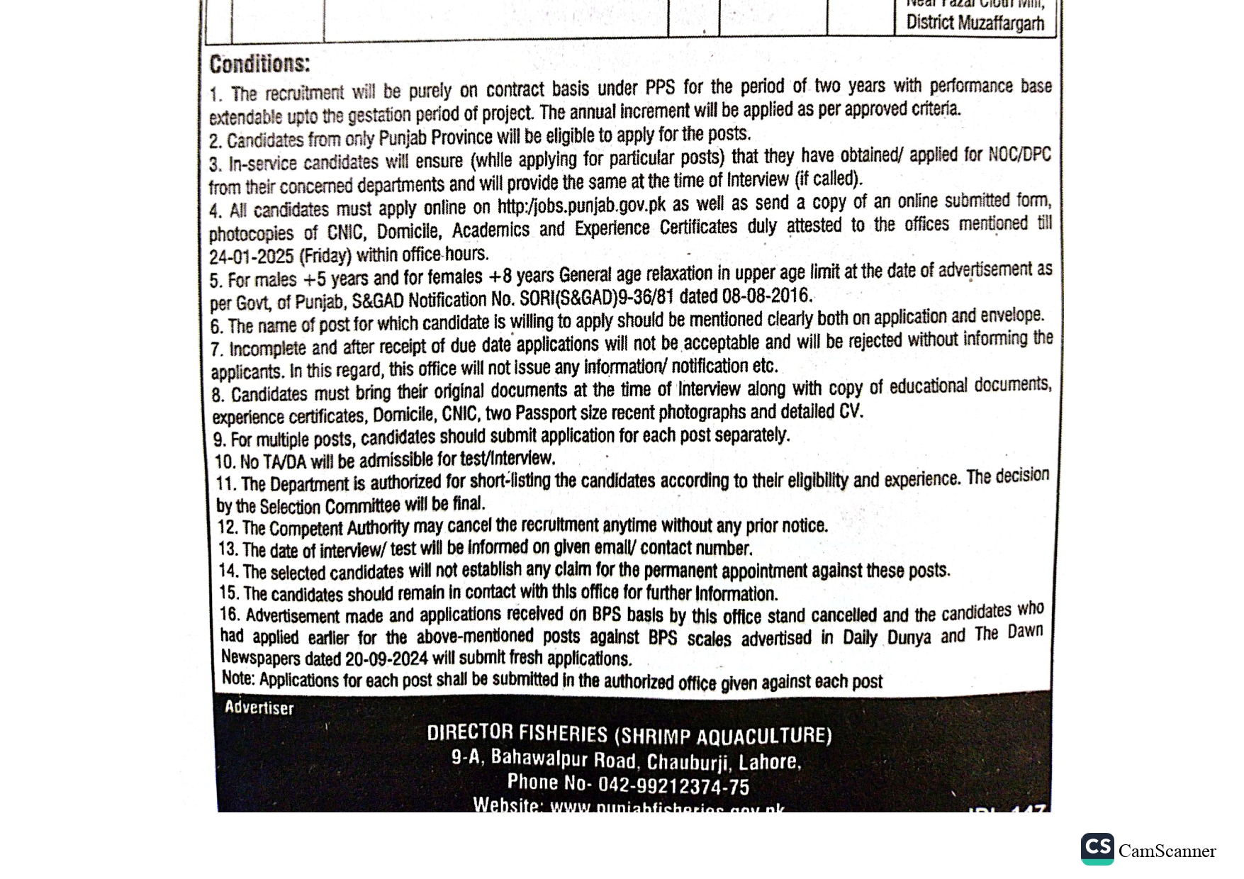 Advertisement of Punjab Fisheries Department Jobs 2025
