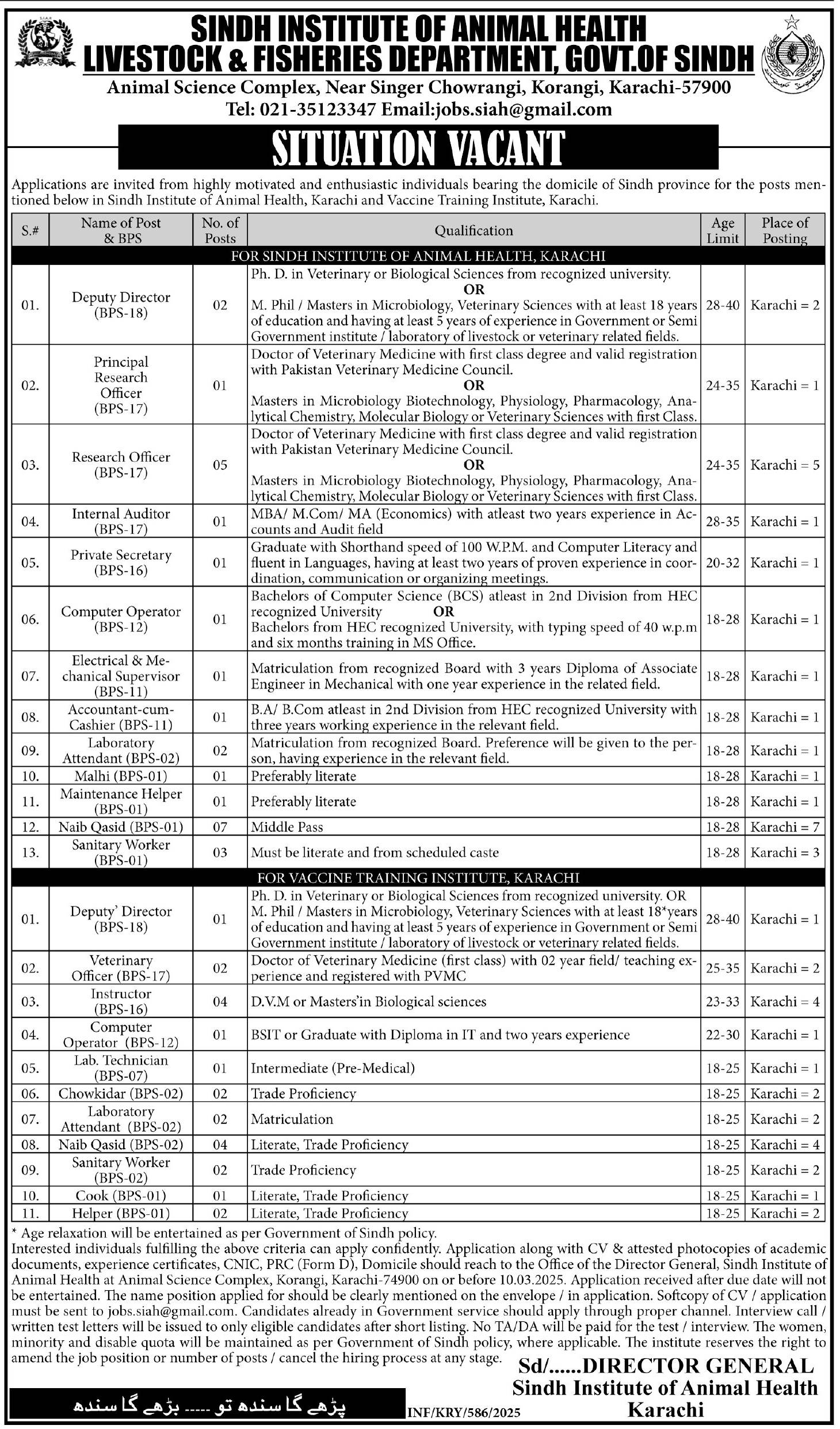 Advertisement of Sindh Institute of Animal Health Jobs 2025
